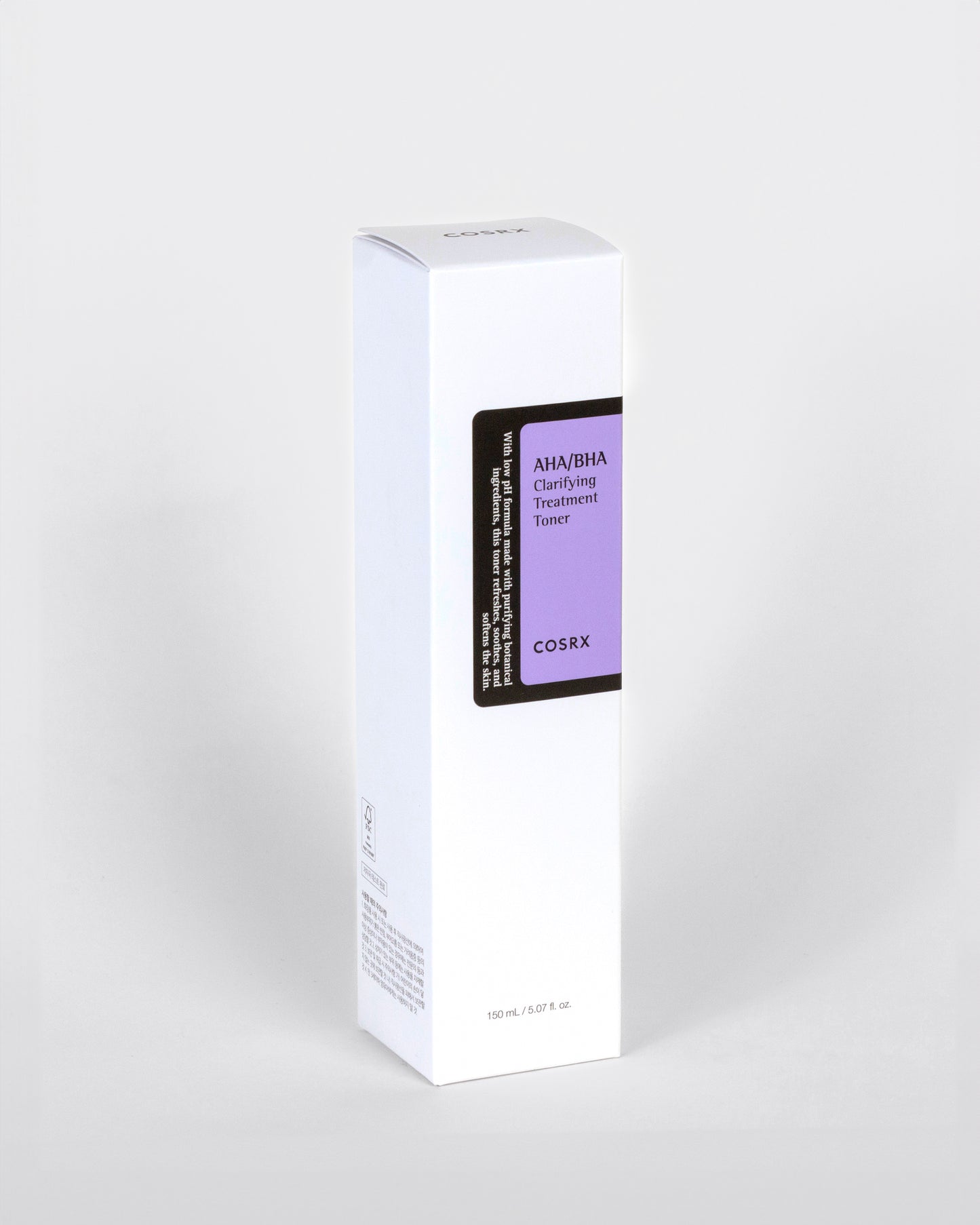 Empaque de COSRX AHA/BHA Clarifying Treatment Toner – Botella con diseño minimalista y fórmula exfoliante para mantener la piel suave y libre de impurezas.