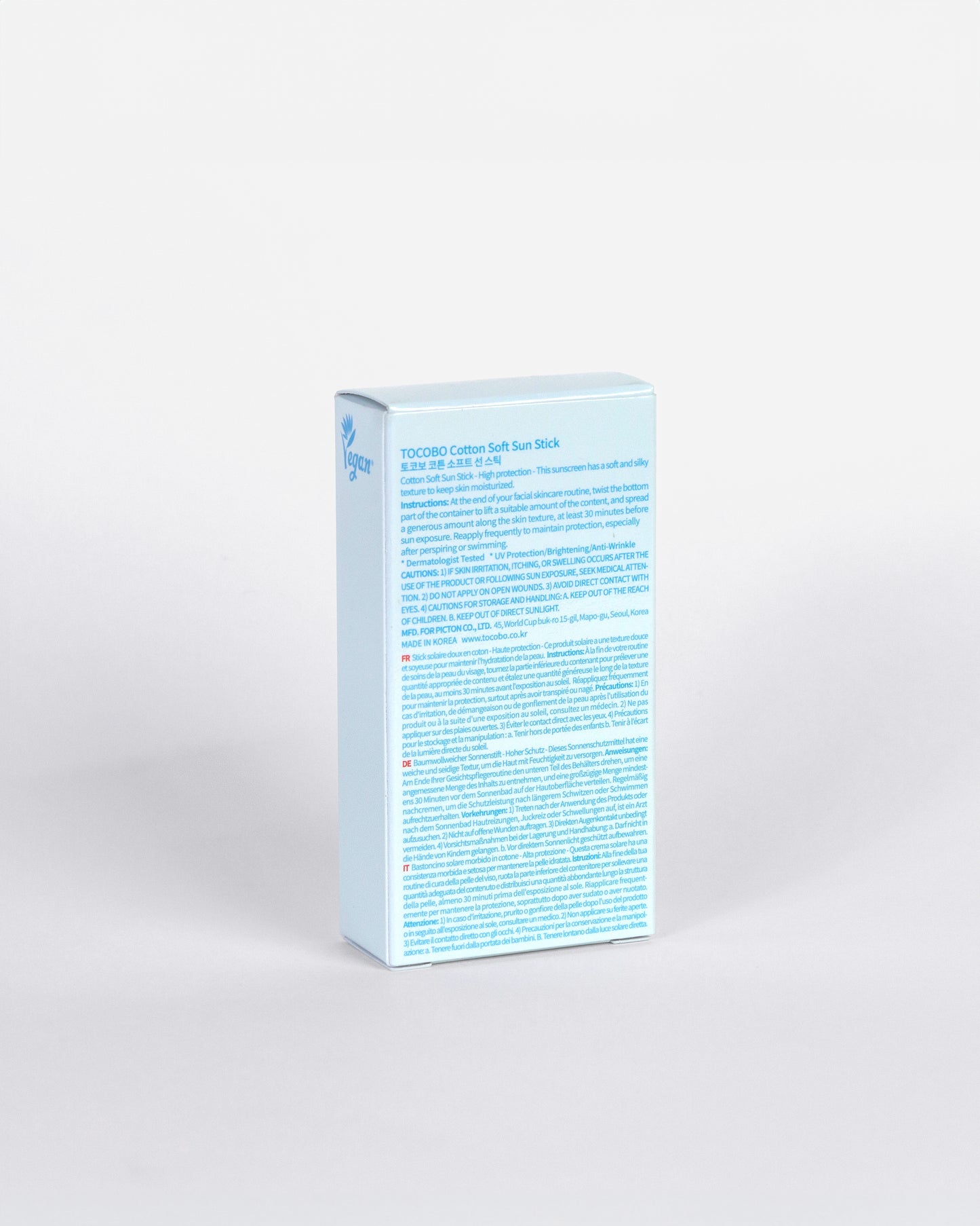 Ingredientes clave de Tocobo Cotton Soft Sun Stick – Extracto de algodón para absorber el exceso de grasa, niacinamida para iluminar y ácido hialurónico para hidratar la piel.
